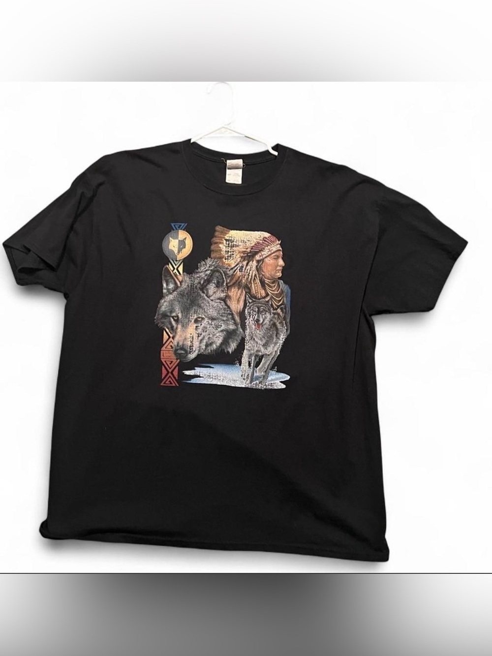 Jerzees Black Graphic Tee with Native Chief & Wolves